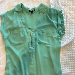 Express Green Buttoned Blouse with Mandarin Collar